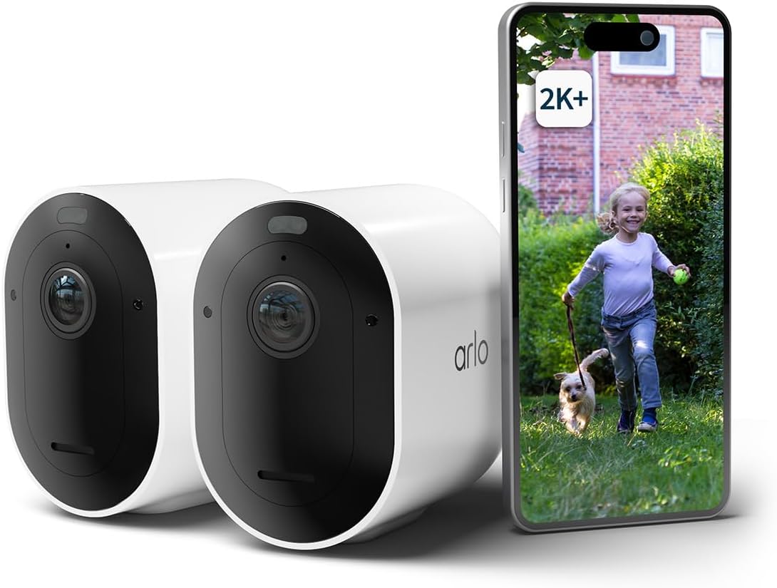 Arlo Pro 5 Telecamera WiFi Esterno Senza Fili, Telecamera WiFi Interno, 2K HDR, Sirena Allarme Casa, Sensore Di Movimento, Visione Notturna Colori, Prova Inclusa Secure, 2 Telecamere, Bianche-Warmthure