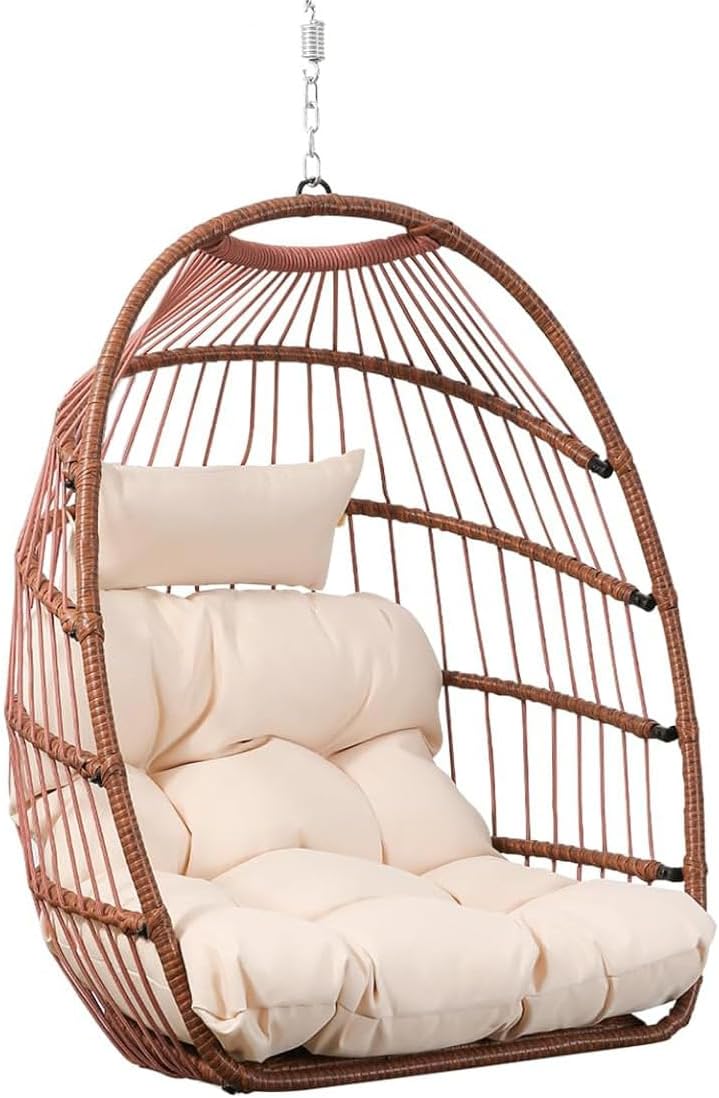 Goutime Sedia a uovo sospesa con cuscino resistente ai raggi UV, sedia a dondolo pieghevole con capacita di 204 kg, per interni, camera da letto, giardino, cortile Marrone rossastro senza supporto-Warmthure