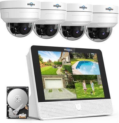 4KPOE PTZ Hiseeu 4K Kit Videosorveglianza Esterno a Cupola, 30M Visione Notturna a Infrarossi, Tracciamento Auto, Rilevamento di Uomo, 12 pollici Monitor 8CH NVR 3TB HDD con 4X8MP Telecamera POE, 24 7-Warmthure