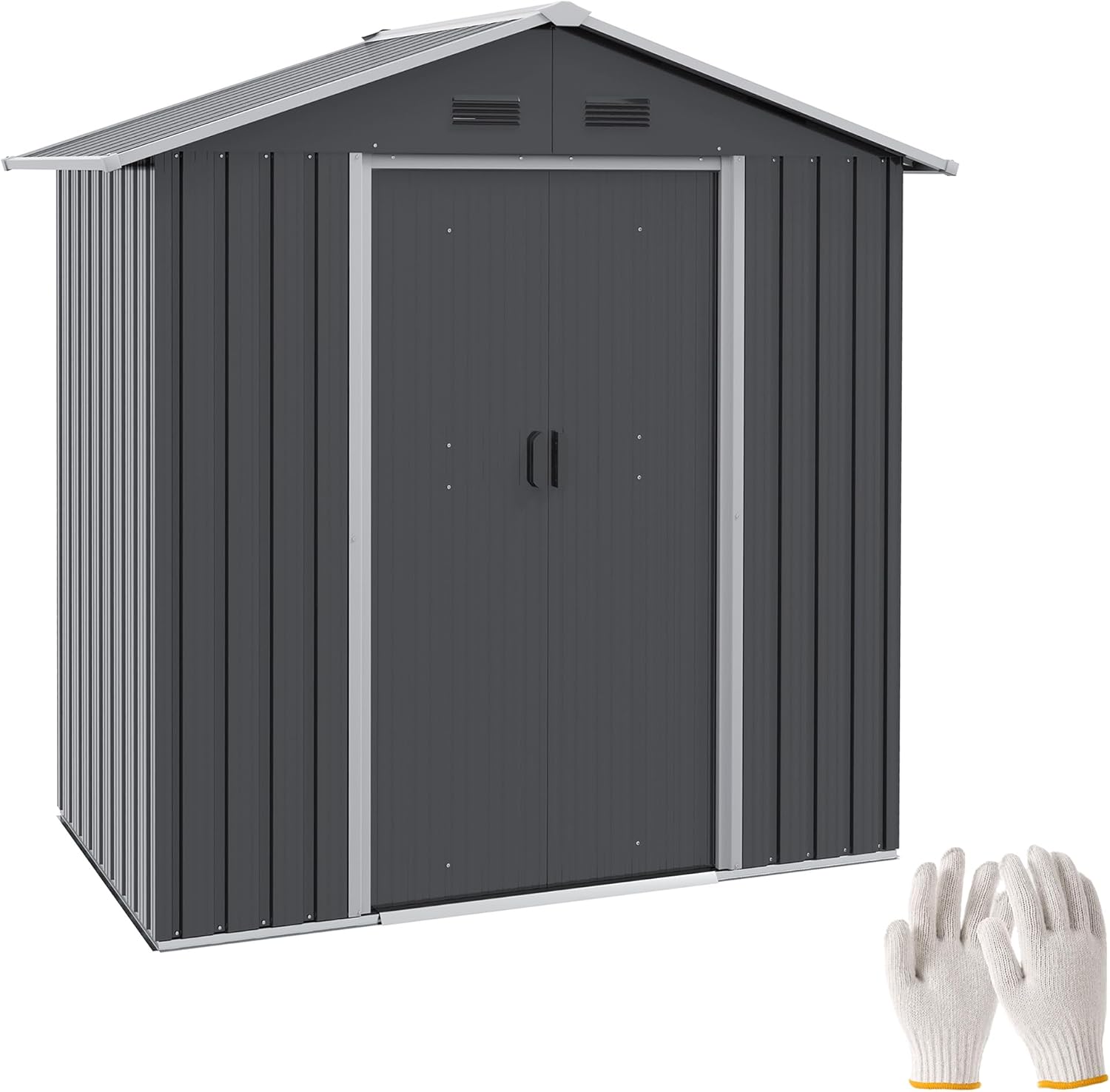 Outsunny Casetta da Giardino 1.8m2 in Lamiera dAcciaio con Doppia Porta Scorrevole e Sistema di Blocco, Capanno Attrezzi da Giardino con 4 Prese dAria, Grigio Scuro-Warmthure