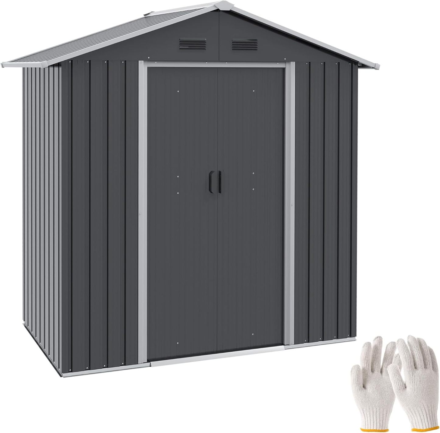 Outsunny Casetta da Giardino 1.8m2 in Lamiera dAcciaio con Doppia Porta Scorrevole e Sistema di Blocco, Capanno Attrezzi da Giardino con 4 Prese dAria, Grigio Scuro-Warmthure