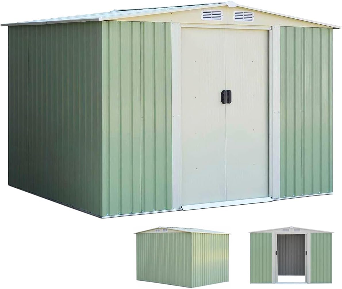 RELAX4LIFE Casetta da Giardino 5.26 m2 9.246 m3, 257x205x175,5 cm, in Lamiera dAcciaio con 2 Porte Scorrevoli e 4 Sfoghi, Tetto Inclinato, per Porta Attrezzi, Tosaerba-Warmthure
