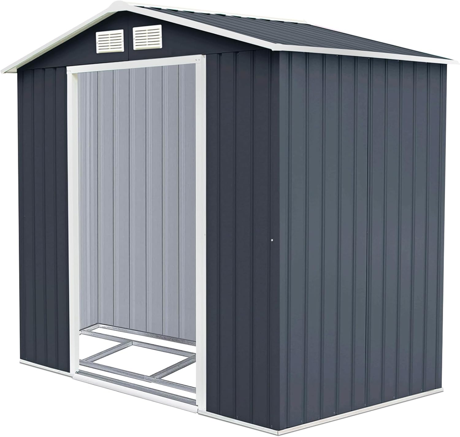 COSTWAY Casetta da Giardino 2,37 m2, Capanno da Esterno in Lamiera Zincata Resistente alle Intemperie con Base, Porte Scorrevoli, Maniglie, Sfoghi e Tettoia, 213 x 127 x 185 cm Grigio Scuro-Warmthure