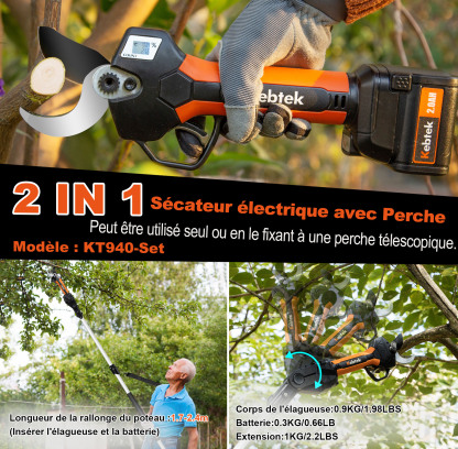 Kits de Sécateur sur Perche avec 2 Batteries de 2 Ah, KT940-SET