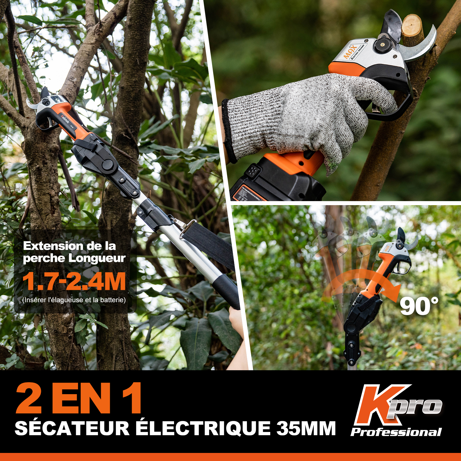 Kits de Sécateur sur Perche avec 2 Batteries, 35 mm, KT E-35-SET