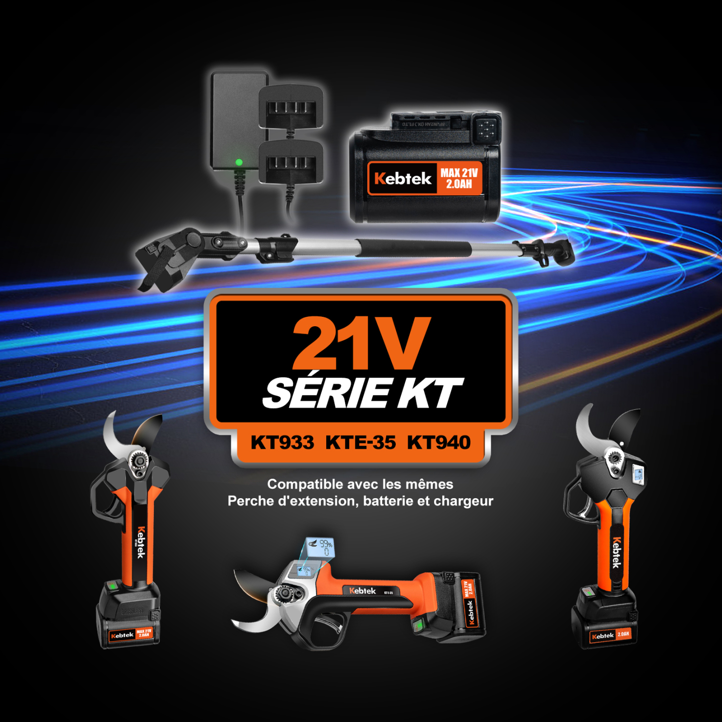 Kits de Sécateur sur Perche avec 2 Batteries, 35 mm, KT E-35-SET