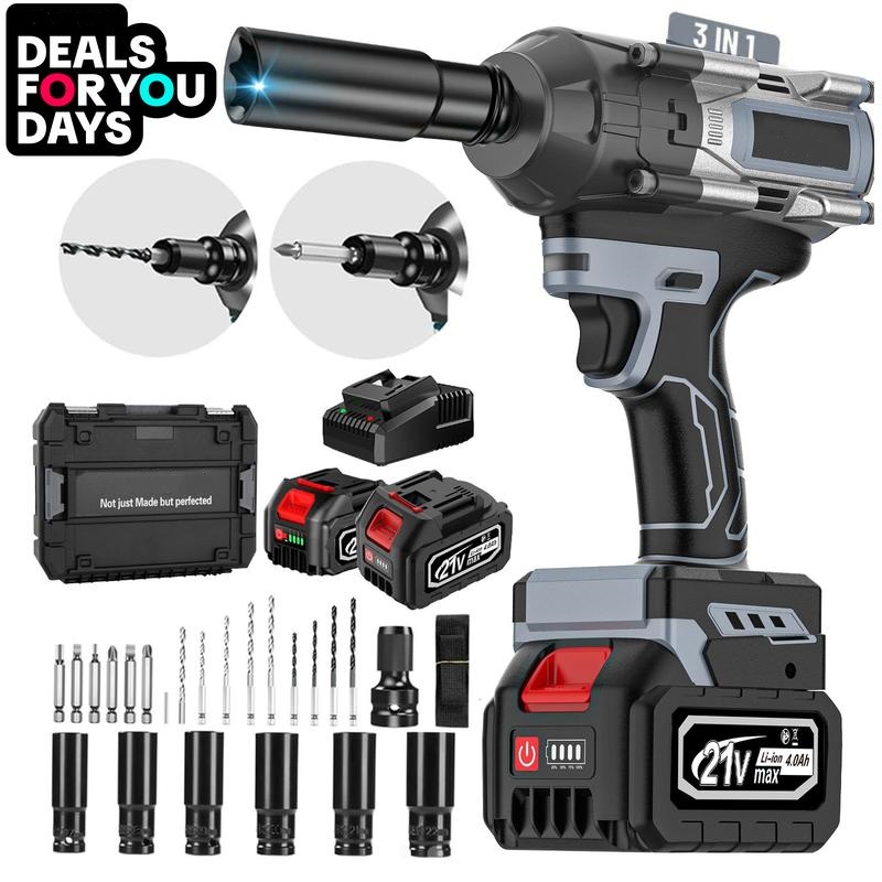1000N.m Cordless Impact Wrench, All-Metal Cordless Impact Gun with 2 * 4.0Mah, 3-IN-1 Electric Impact Wrench with 5 Sleeves, High Torque 1/2 Impact Wrench,