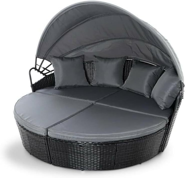 EVRE Bali 3 Piece Modular Round Rattan Wicker Patio Garden Furniture Daybed Sun Lounger Set with Extendable Canopy and Conversation Seat Cushions  Black-Spaceano