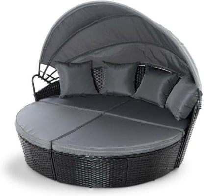 EVRE Bali 3 Piece Modular Round Rattan Wicker Patio Garden Furniture Daybed Sun Lounger Set with Extendable Canopy and Conversation Seat Cushions  Black-Spaceano
