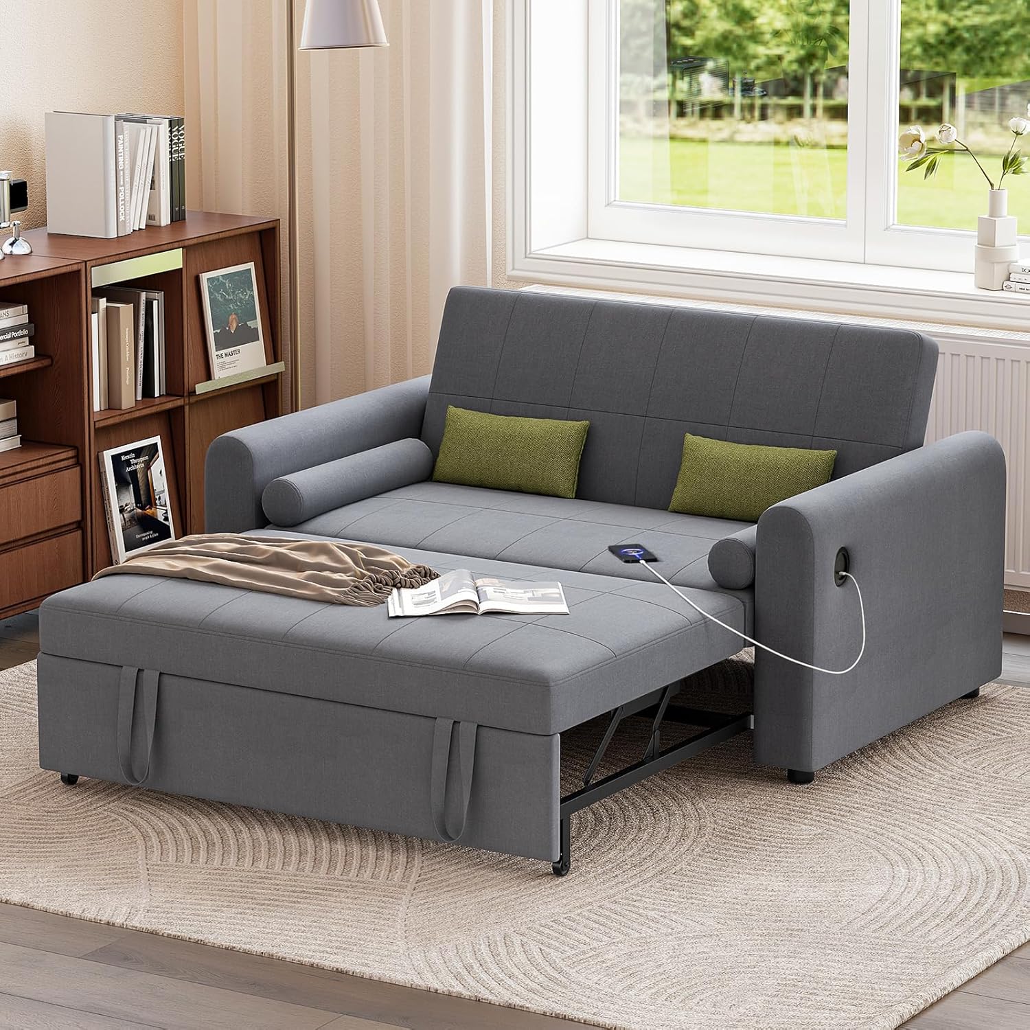 Jooli H 2 Seater Sofa Bed, 3-in-1 Convertible Fabric Pull Out Sleeper Sofa with 3-Position Adjustable Backrest, Side Pockets and USB for Living Room, Guest Room, Dark Grey-Spaceano