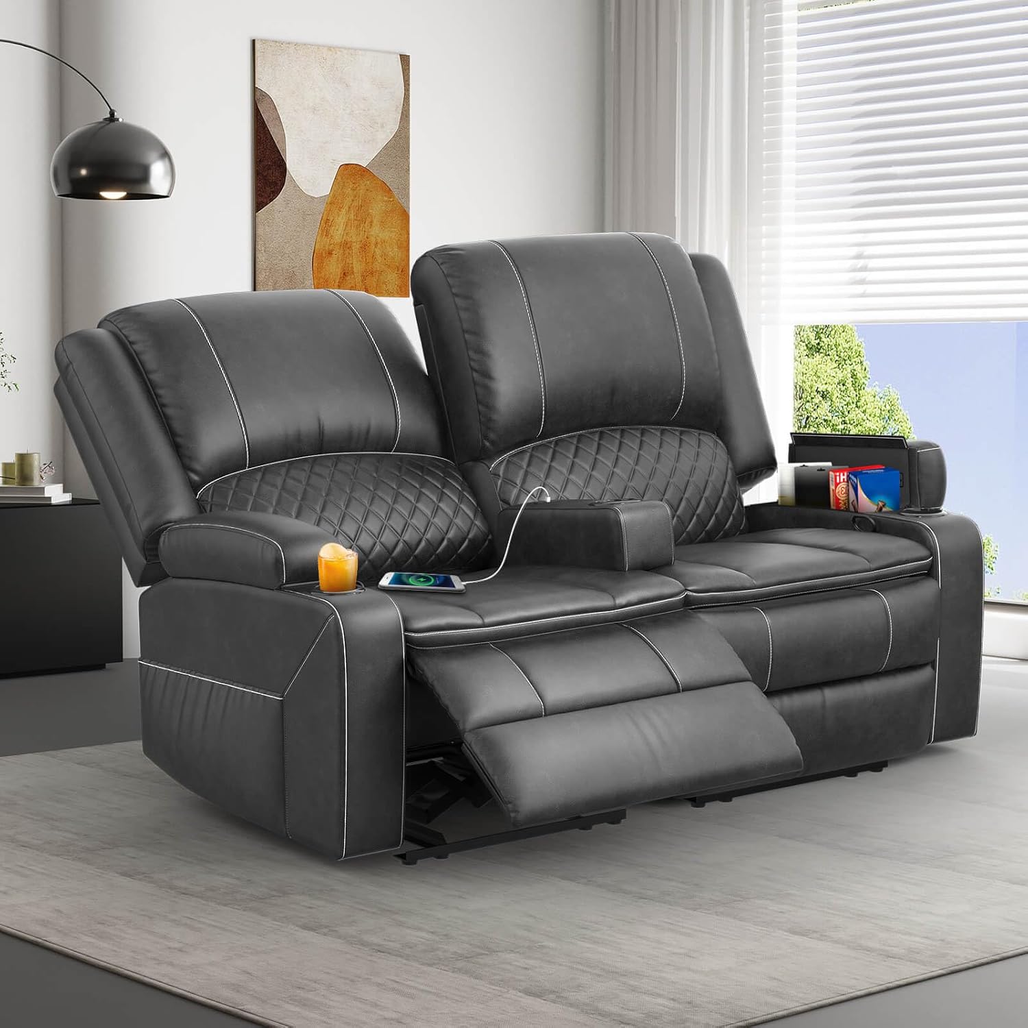 SQUEBILIFE Recliner Chair 2 Seater Sofa Set with Reclining Mechanism, Console Buit-in Cup Holders, USB Ports, Side Storage Pockets Leather Reclining Sofa-Spaceano