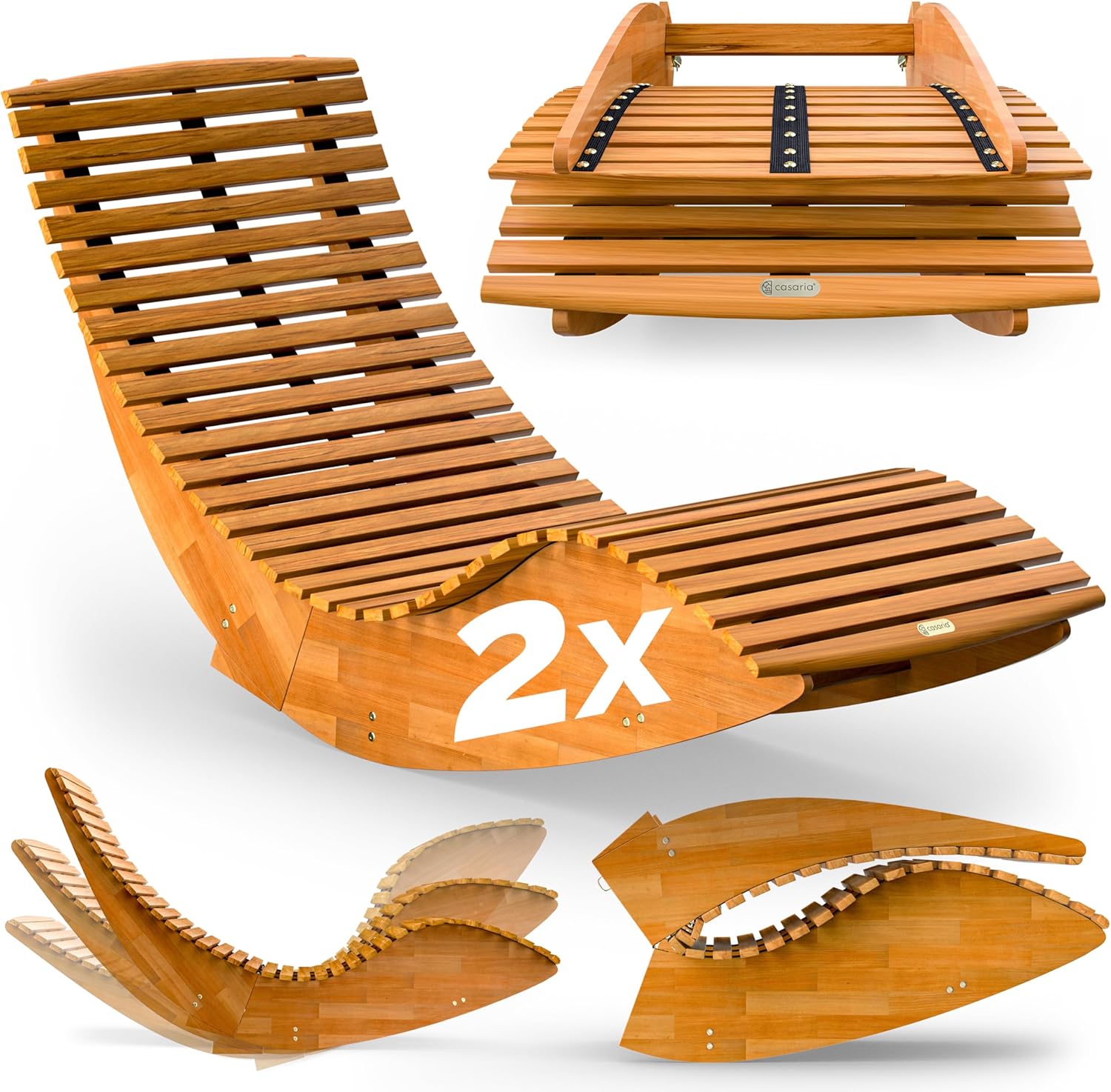 CASARIA 2x JAVA Rocking Wooden Sunloungers 155x60x93cm FSC-Certified Acacia Wood Weatherproof Outdoor Garden Furniture Foldable Ergonomic Rocker Chair Brown 160kg Capacity Sun Lounger Chairs-Spaceano