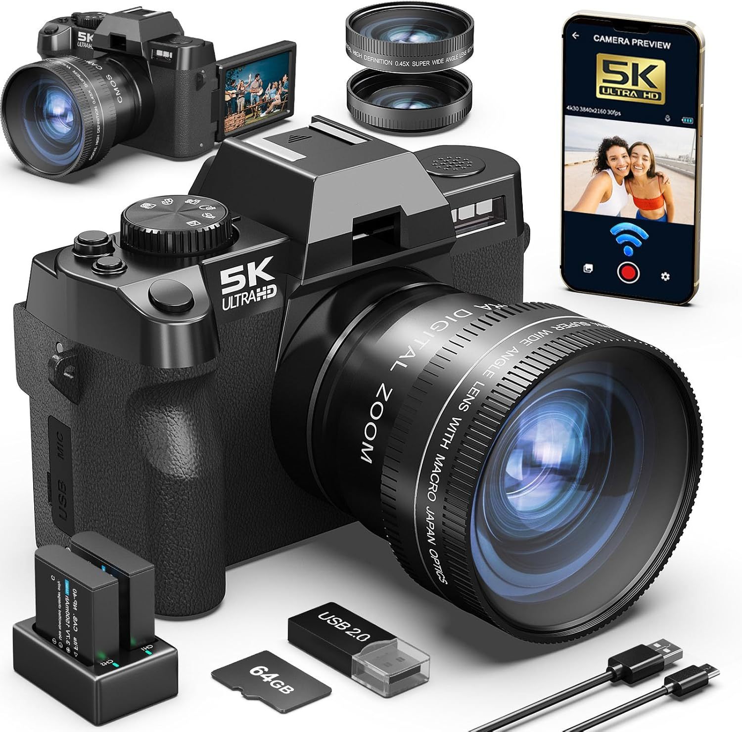 5K Digital Camera, 64MP 60FPS Cameras for Photography, Video Vlogging Camera for Youtube, WiFi and App Control and Wide-Angle and Macro Lens, Perfect for Entry-Level Users and Beginners 64GB TF Card-Spaceano
