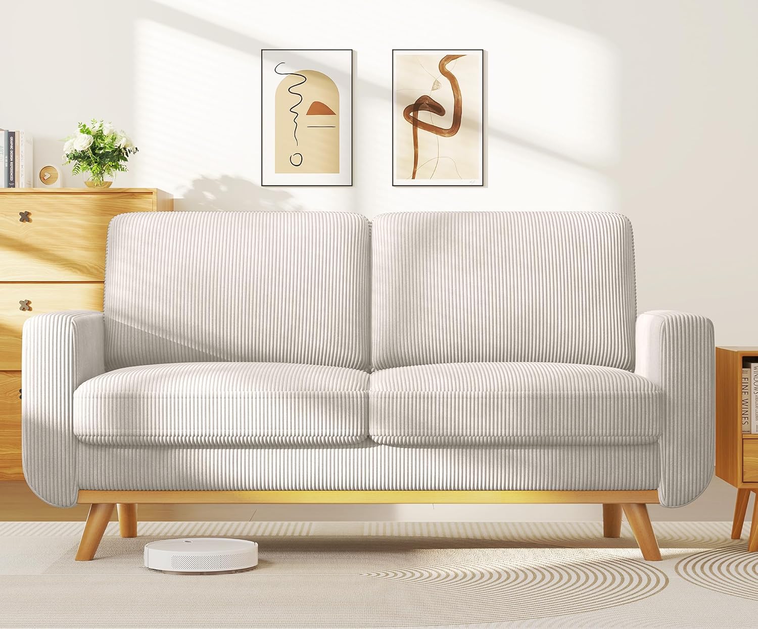 Vesgantti 172cm Loveseat Sofa Light Grey, Comfy Corduroy Couch with Spring Cushion, 2 Seater Sofa with Solid Wood, Sofa Couch with Deep Seat, Sofa for Bedroom, Loveseat for Living Room, Office Couch-Spaceano