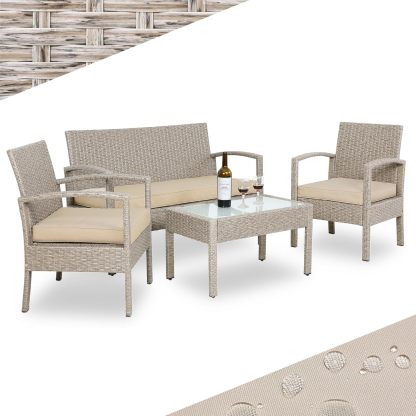 CASARIA 7pc Weatherproof Polyrattan Garden Furniture Set Suitable for up to 4 People Outdoor Patio Seating Group with 2 Armchairs, Bench, 3 Cushions, and Frosted Glass Top Table Cream-Spaceano
