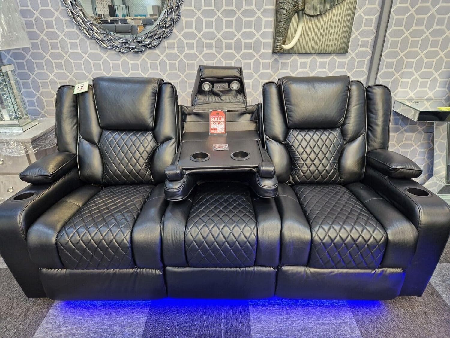 Orlando - Electric Recliners Sofa With Cupholders - 3+2 Seater Sofa Grey LED Lights Wireless Charging  Black, 3 Seater-Spaceano