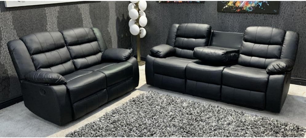 MNS - Leather Recliner Sofa with Cupholders - 3+2 Seater Sofa - Black  3+2 Seater-Spaceano
