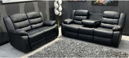 MNS - Leather Recliner Sofa with Cupholders - 3+2 Seater Sofa - Black  3+2 Seater-Spaceano