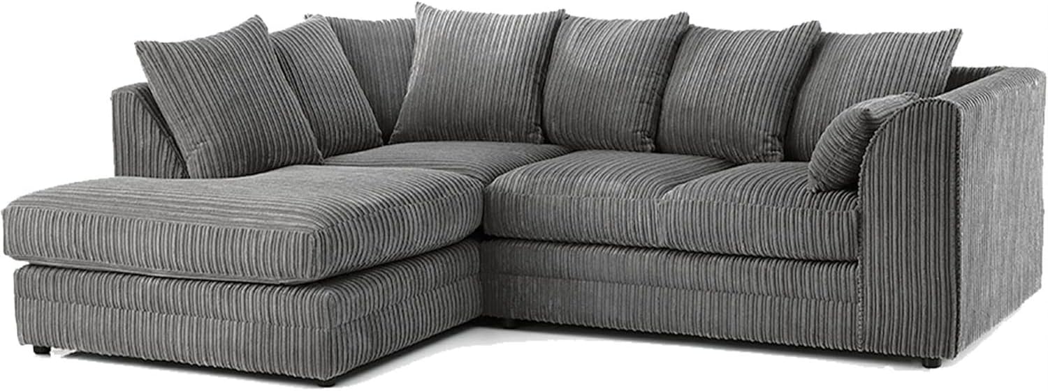 New Luxor Fabric Corner Sofa Grey Soft Jumbo Cord 3-4 Seater Corner Sofa  Grey, Left Hand Facing-Spaceano