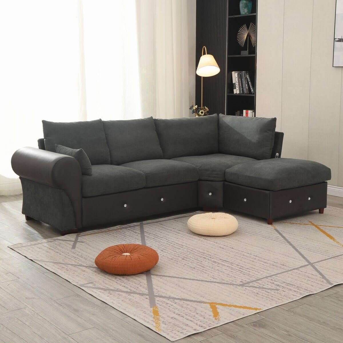 Panana Fabric and Faux Leather Corner Sofa 3-4 Seater L Shape Sofa with Built- in USB Port Chaise, Dark Grey-Spaceano
