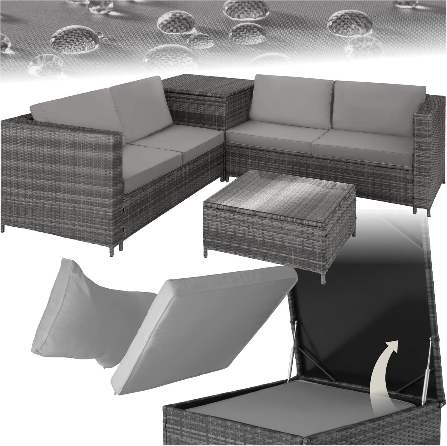 TecTake Rattan Garden Furniture Set, 2 Sofas with Extra Thick Cushions, Table with Glass Top and Garden Storage Box, Garden furniture for Patio, Garden, Balcony, outdoor furniture - grey light grey-Spaceano