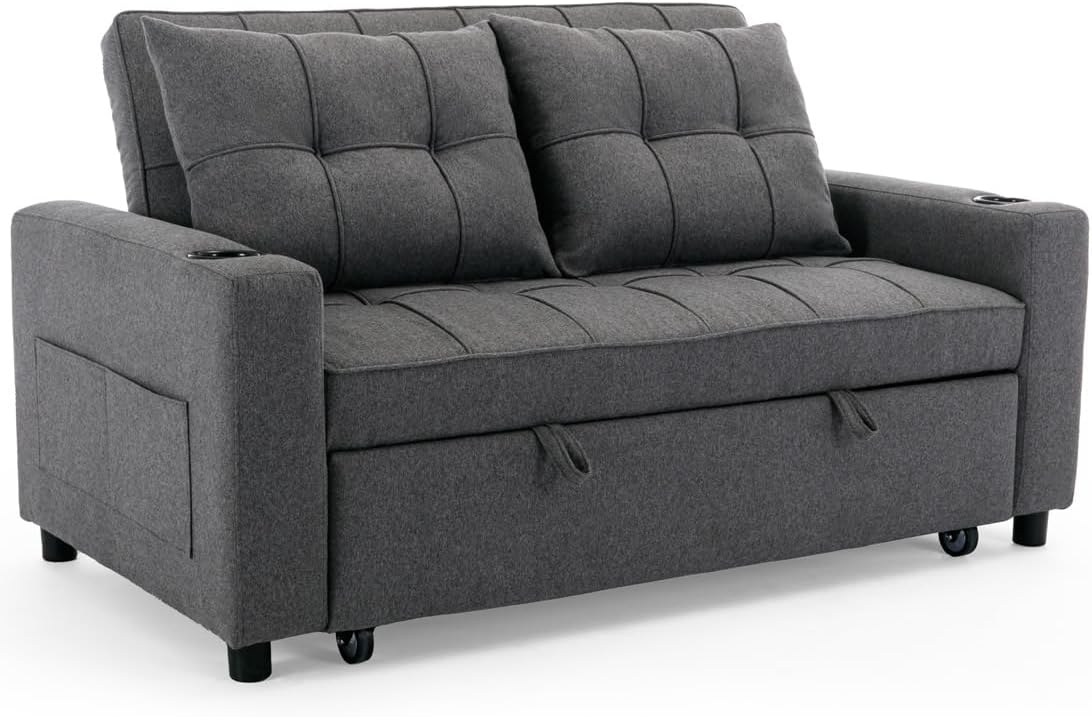 More4Homes HUDSON 2-SEATER SOFA BED LINEN FABRIC WITH CUP HOLDERS GREY-Spaceano