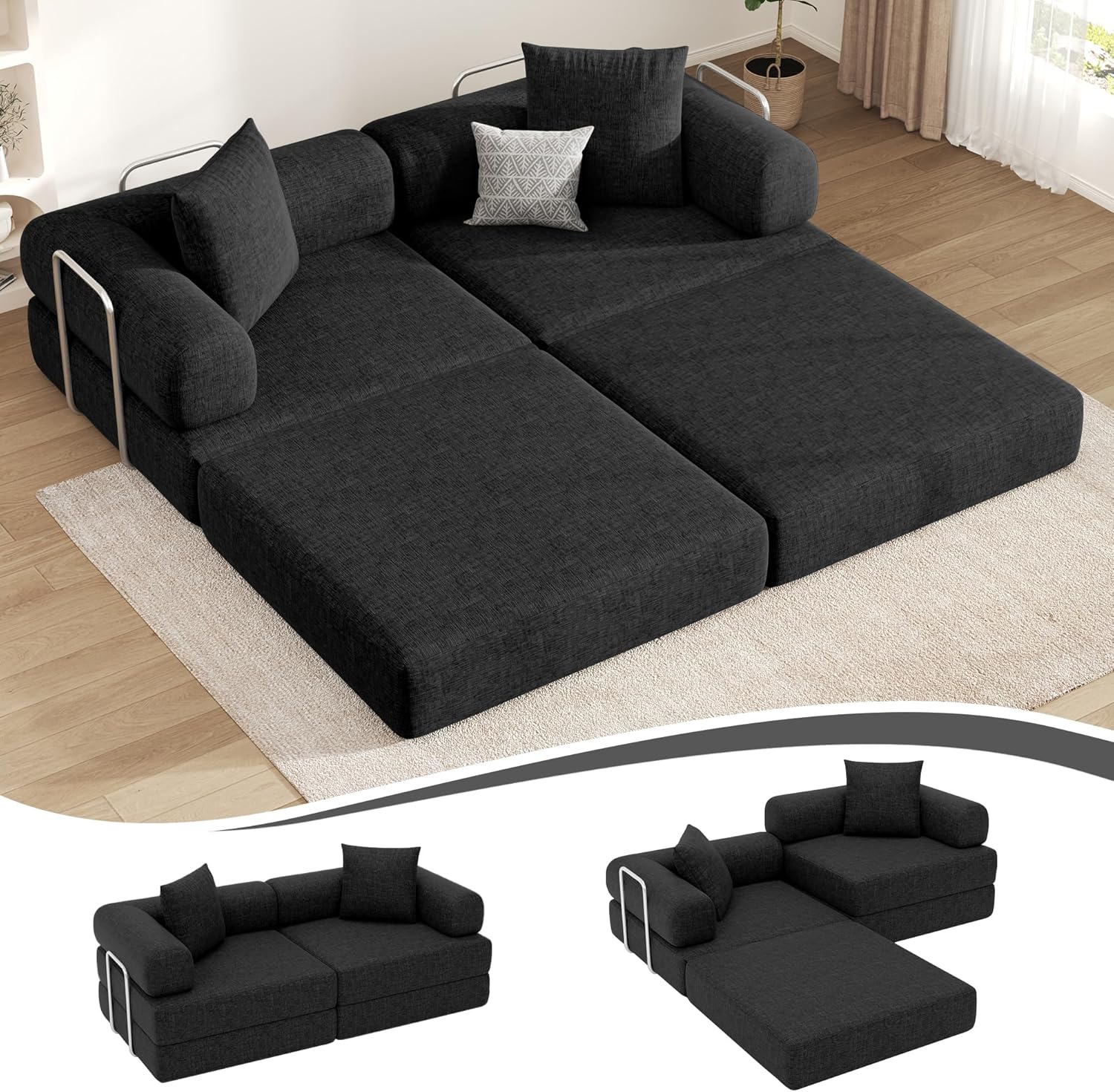 DURASPACE 78.4 inch Convertible Sleeper Sofa Bed, Floor Folding Mattress Couch with Fixed-Shape Frame, Comfy Fold Out Futon, Boneless Modular Loveseat for Living Room  Chenille Black-Spaceano