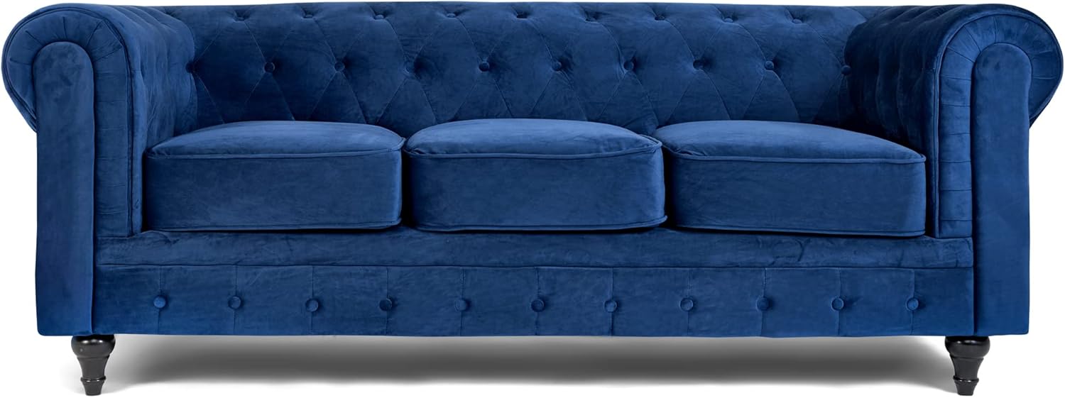 Bravich Velvet Chesterfield Sofa- Blue. 3 Seater Settee, Soft Plush Fabric Couch. Living Room Furniture, Easy Clean. 3 Seater- 205cm x 90cm x 78cm-Spaceano