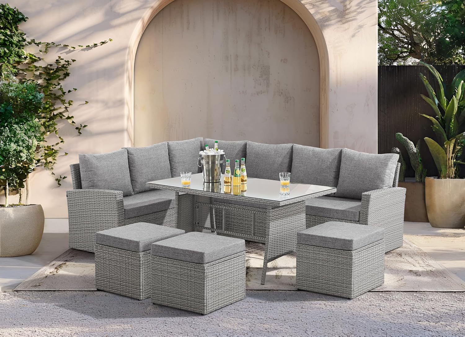 EVRE 9 Seat Marilyn Corner Sofa and Dining Rattan Garden Furniture Set for Indoor Outdoor Patios Gardens Conservatories  Mountain Grey-Spaceano