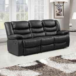 Roma Leather Recliner Sofa with Cupholders - 3 Seater Sofa - Black  3 Seater-Spaceano