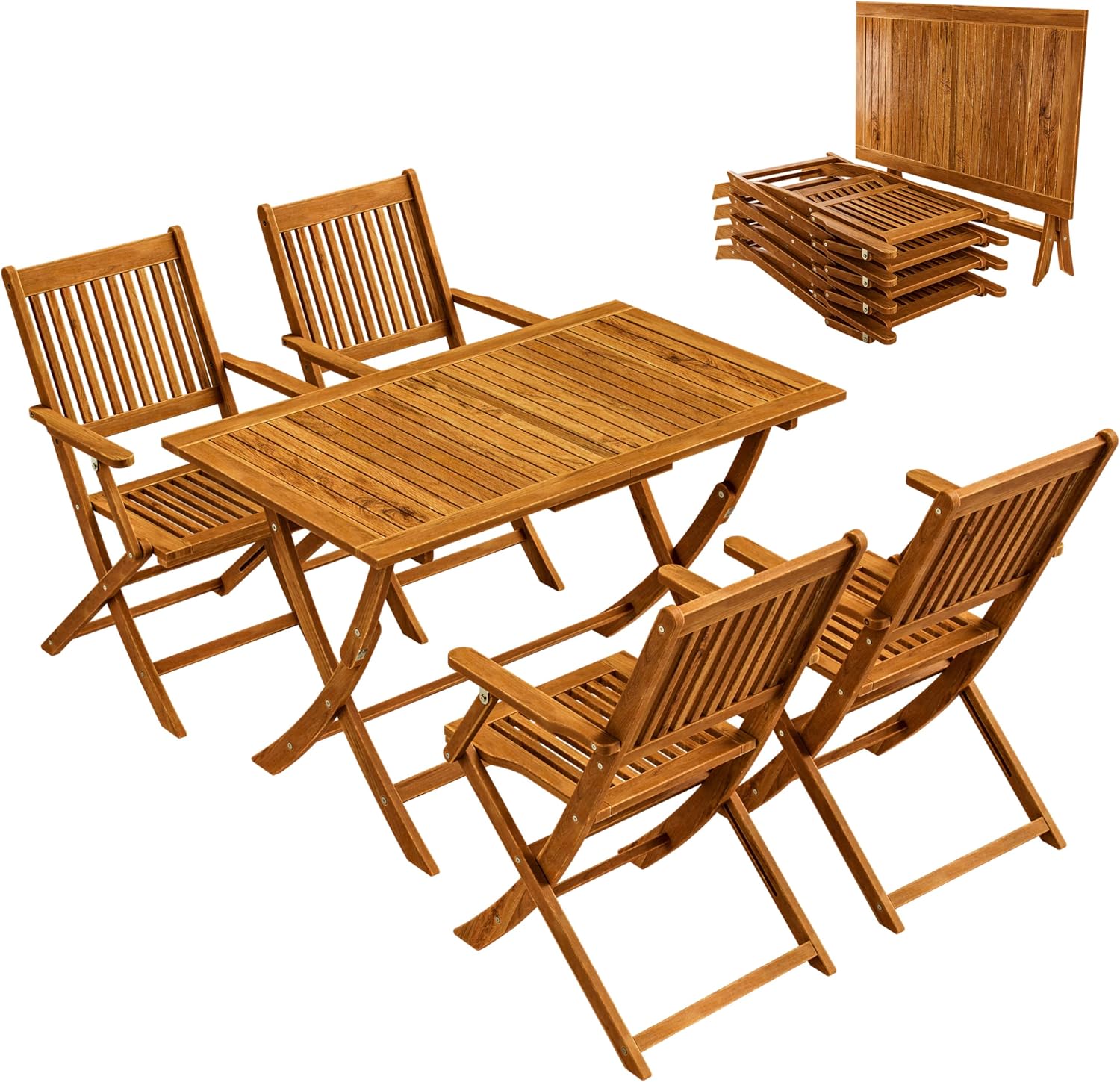 CASARIA Sydney Wooden Garden Dining Table and Chairs Set 4 Seater FSC-Certified Acacia Wood Chairs with Armrests 5 Piece Foldable Wood Garden Outdoor Furniture Set-Spaceano