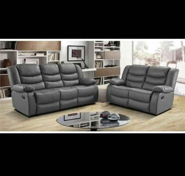 MNS Leather Recliner Sofa with Cupholders - 3+2 Seater Sofa - Grey  Full set 3+2-Spaceano