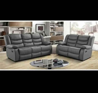 MNS Leather Recliner Sofa with Cupholders - 3+2 Seater Sofa - Grey  Full set 3+2-Spaceano