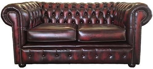 Chesterfield 2 Seater Sofa - Genuine Leather Antique Oxblood Red - Handcrafted UK Made Couch - Deep Buttoned Scroll Arms - Mahogany Wood Feet - Classic British Vintage Style-Spaceano