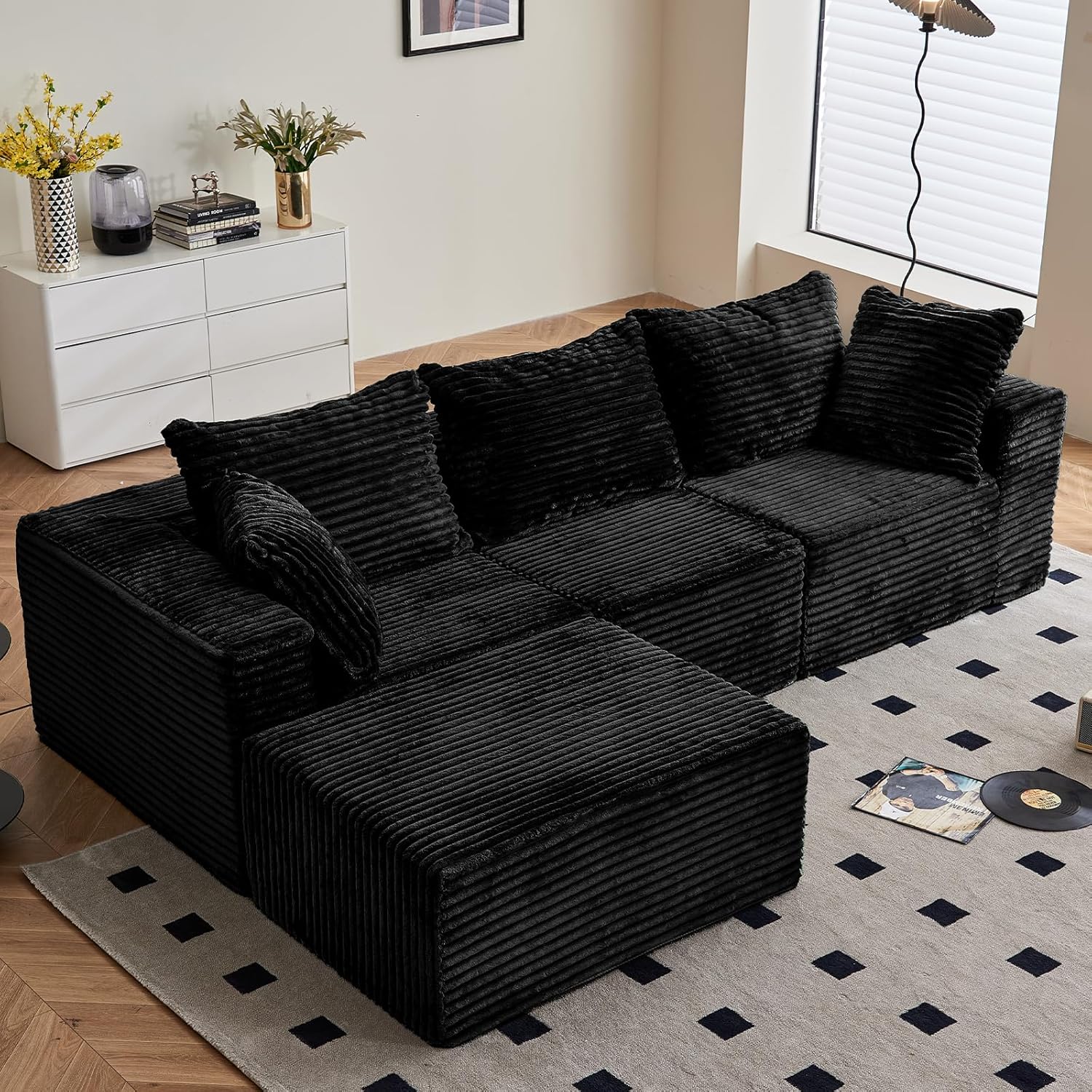Vamcheer 3 4 Seater Modular Sectional Sofa - 274cm Oversized L-shaped Corner Couch with Memory Foam Seating and Detachable Backrest for Living Room Bedroom, No Assembly Required, Black-Spaceano