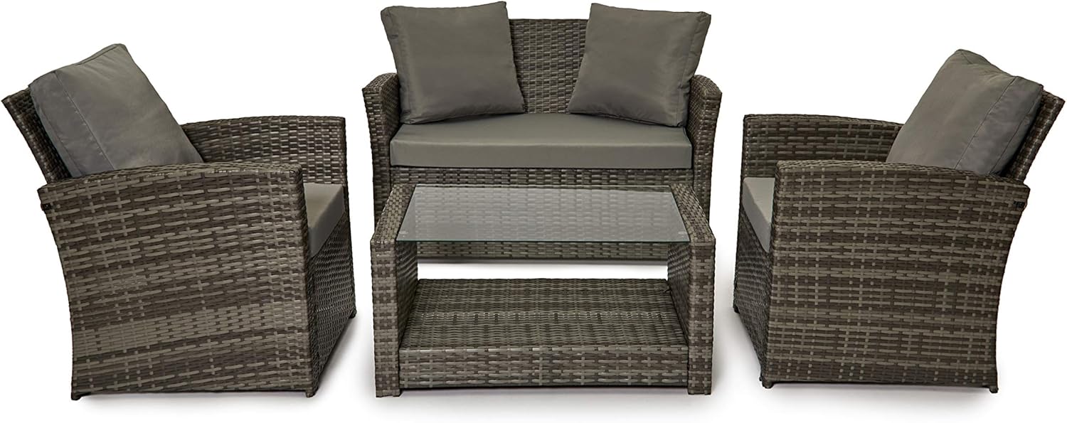 EVRE 4 Seater Rattan Garden Conservatory Patio Furniture Sofa Armchair Roma Set with Glass Top Coffee Table Wicker Weave Sofa and Cushions  Grey-Spaceano