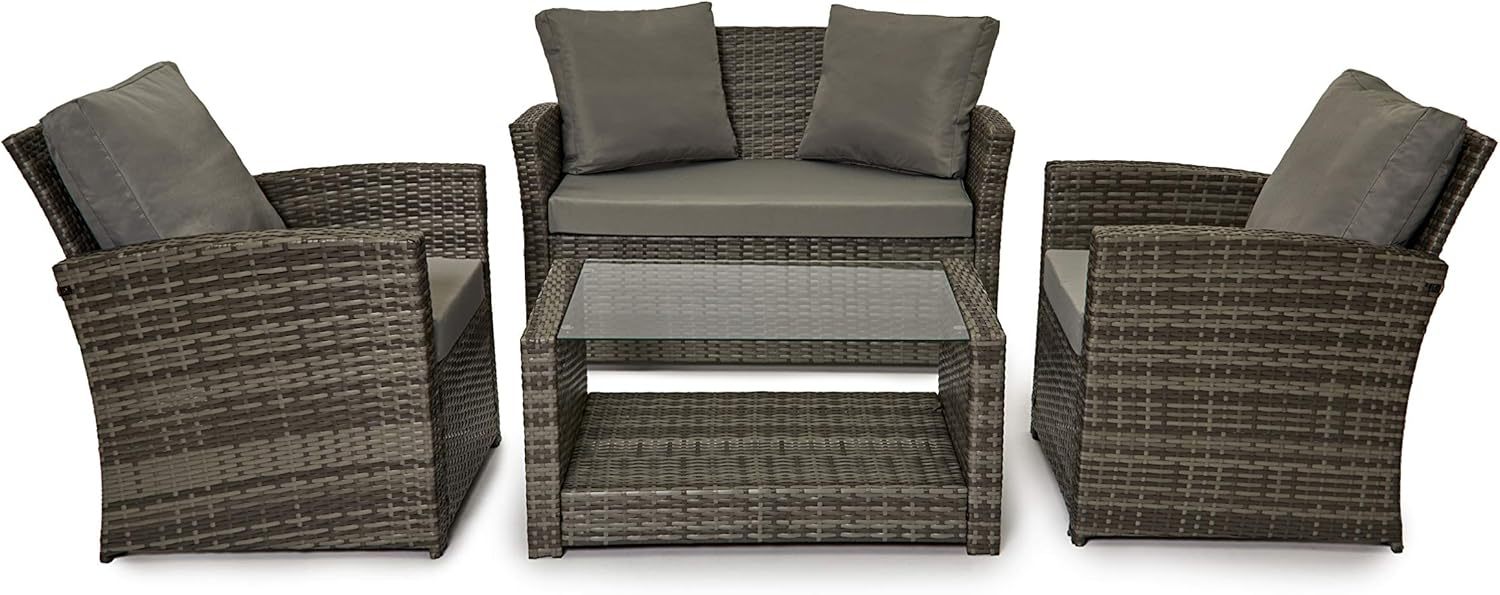 EVRE 4 Seater Rattan Garden Conservatory Patio Furniture Sofa Armchair Roma Set with Glass Top Coffee Table Wicker Weave Sofa and Cushions  Grey-Spaceano