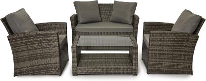 EVRE 4 Seater Rattan Garden Conservatory Patio Furniture Sofa Armchair Roma Set with Glass Top Coffee Table Wicker Weave Sofa and Cushions  Grey-Spaceano