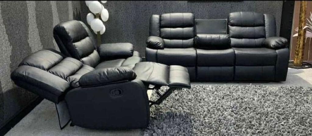 Roma Leather Recliner Sofa with Cupholders - 3+2 Seater Sofa - Black  3+2 Seater  107-Spaceano