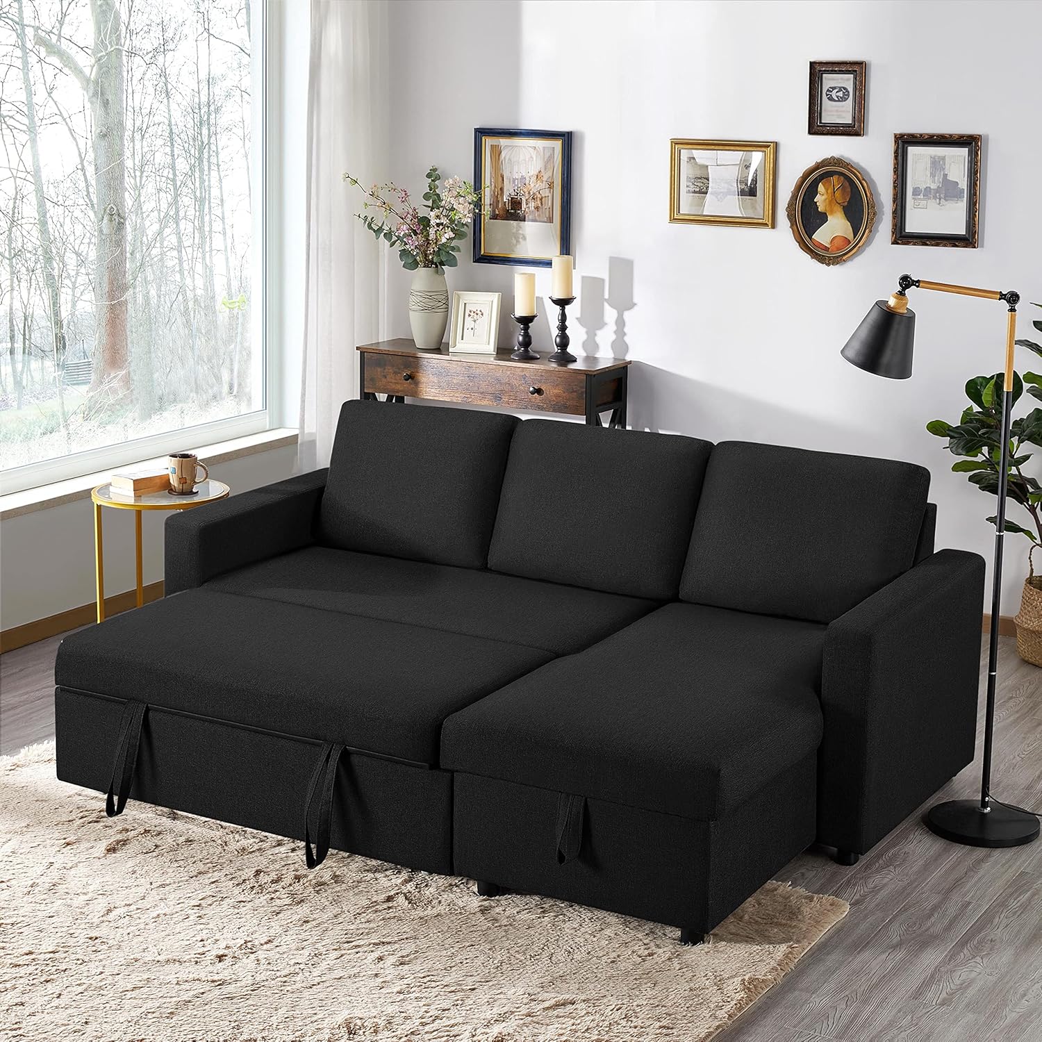 Yaheetech L-Shaped Sofa Bed 3 Seater Couch Pull Out Sectional Couch Bed Convertible Settee Click-Clack Corner Sofa with Storage for Living Room, Office, Black-Spaceano