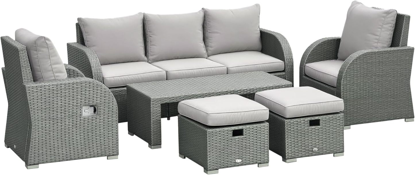 Outsunny Rattan Garden Sofa Set With 3 Seater Sofa, 2 Reclining Single Sofa, Coffee Table, Footstool, Space-saving Outdoor Patio Wicker Furniture Set - Light Grey-Spaceano