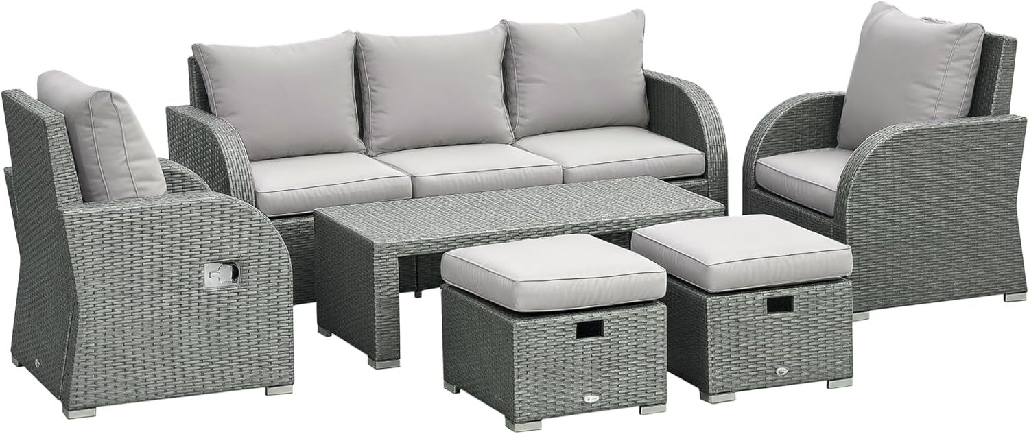 Outsunny Rattan Garden Sofa Set With 3 Seater Sofa, 2 Reclining Single Sofa, Coffee Table, Footstool, Space-saving Outdoor Patio Wicker Furniture Set - Light Grey-Spaceano