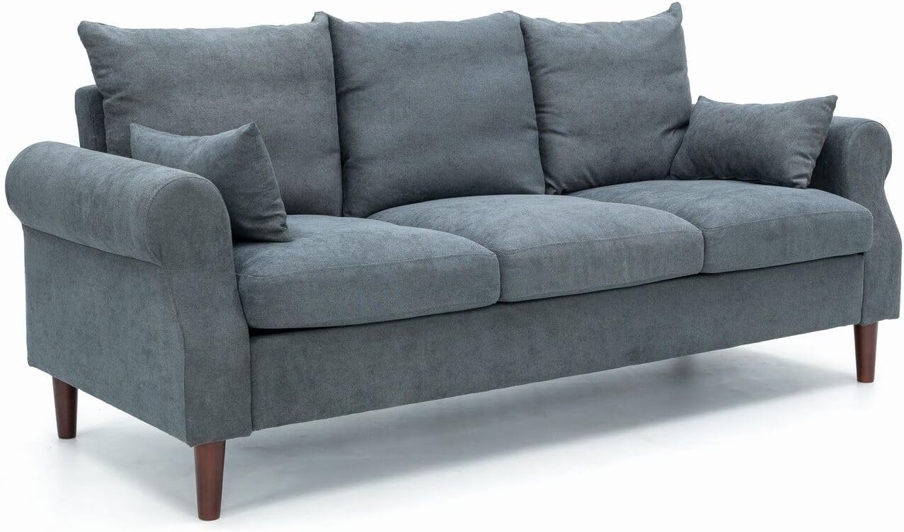Panana 3 Seater Sofa,Rolled Armrest Design Upholstered Gray Linen Solid Wood Legs Couch,195 x 80 x 80 cm-Spaceano