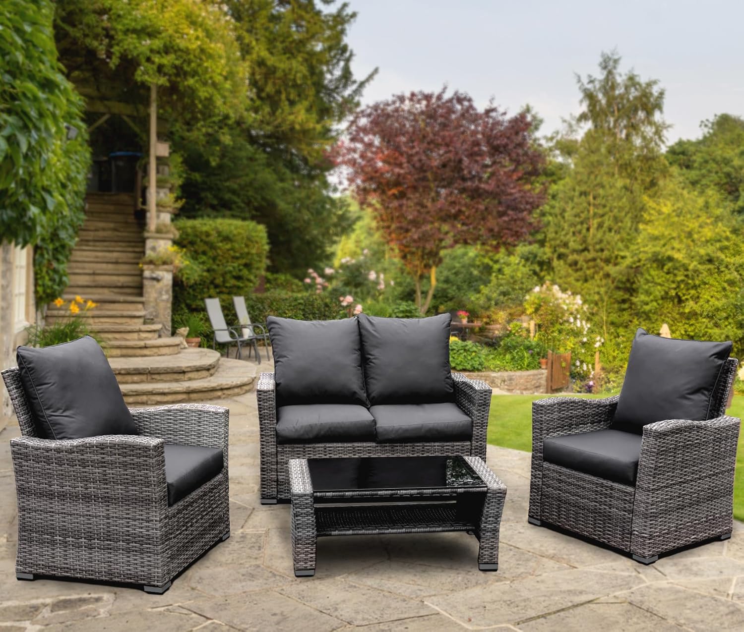 GOODS EMPORIUM 4 Seater Rattan Garden Furniture Set - Outdoor, Patio furniture, Conservatory Sofa sets - RAIN COVER INCLUDED  Dark Grey-Spaceano