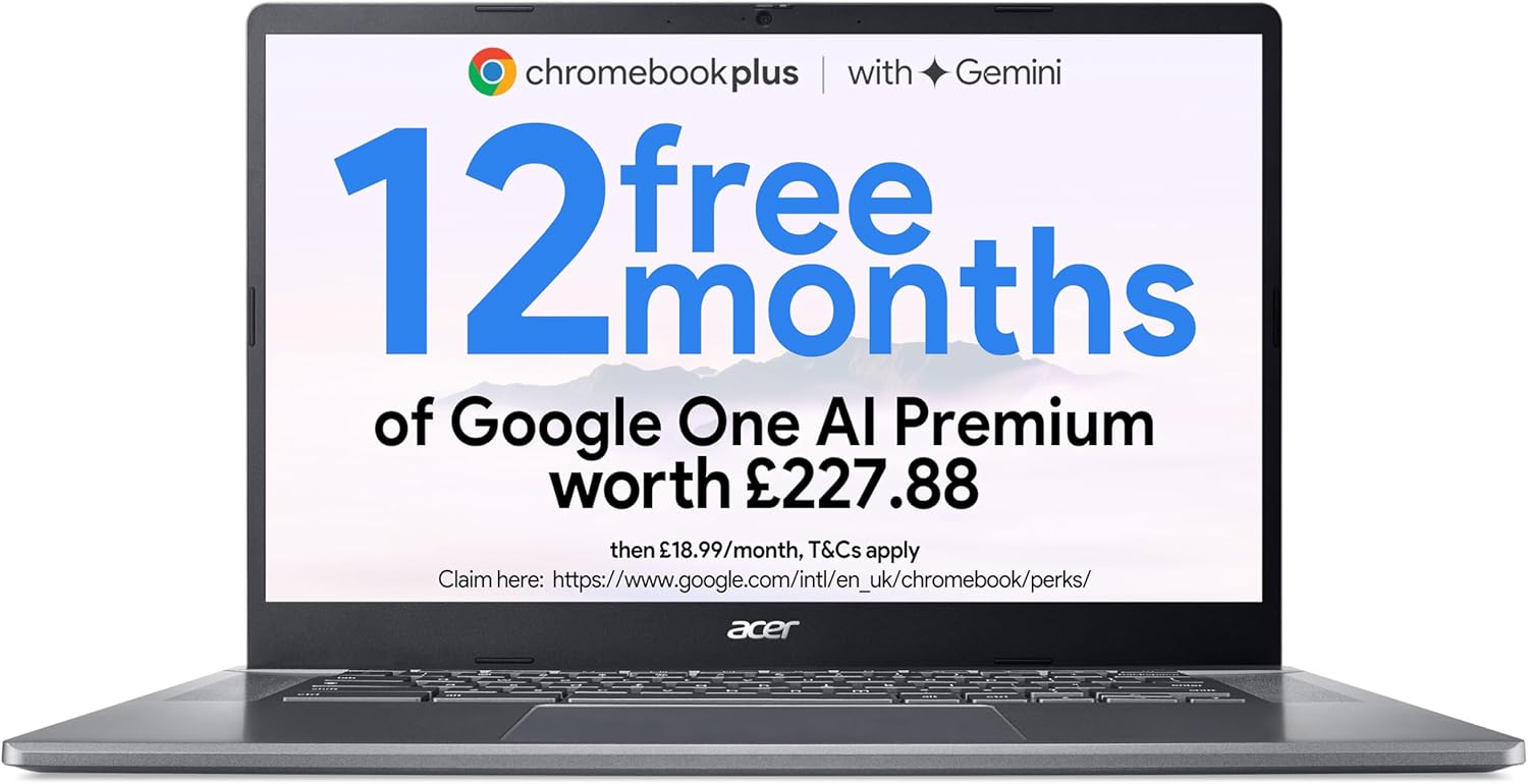 acer Chromebook Plus 515 CB515-2H Laptop - Intel Core i3-1215U, 8GB, 256GB SSD, Integrated Graphics, 15.6 inch Full HD, Google Chrome OS, Iron-Spaceano