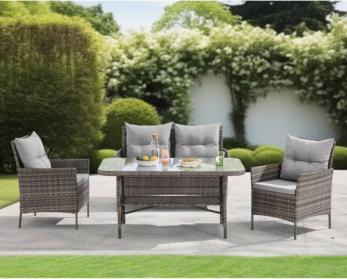 EVRE Brown Florence Garden Rattan Furniture Set 4 Piece Seat 1 Sofa 2 Chair Dining Outdoor Conservatory Wicker Weave Lounge Sofa and Glass Top Table with Cushions-Spaceano