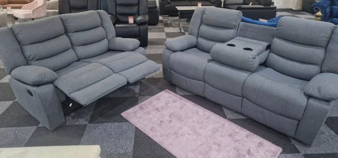 MNS Roma Fabric Reclining Sofa, Grey Fabric, 3+2 Seater with Cup Holders-Spaceano