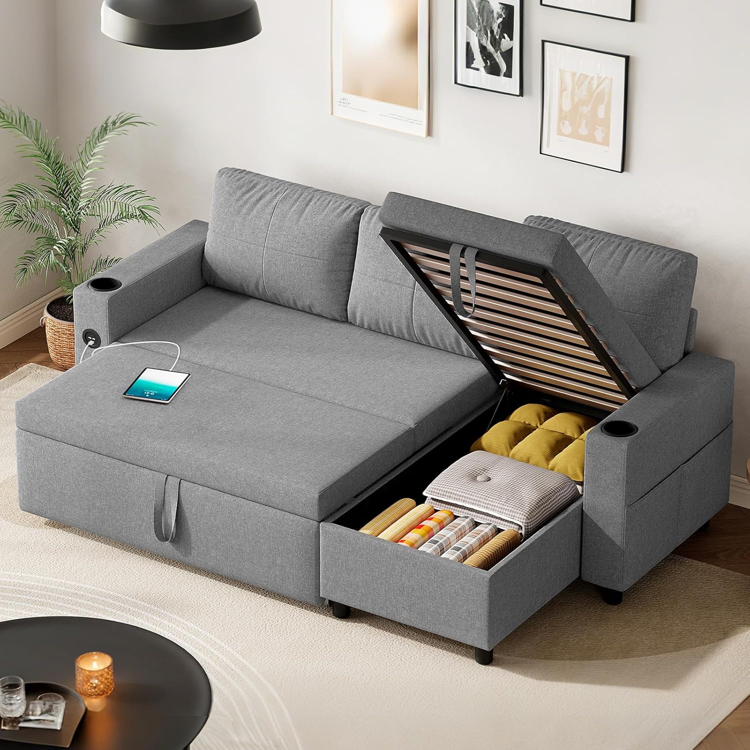 Hello-5ive Sofa Bed, L-Shaped Sleeper Sofa Couch with USB and Type-C Ports, 3 Seater Pull Out Corner Sofa Bed with Storage Chaise, Cup Holder, Sectional Sofa for Living Room, Dark Grey-Spaceano