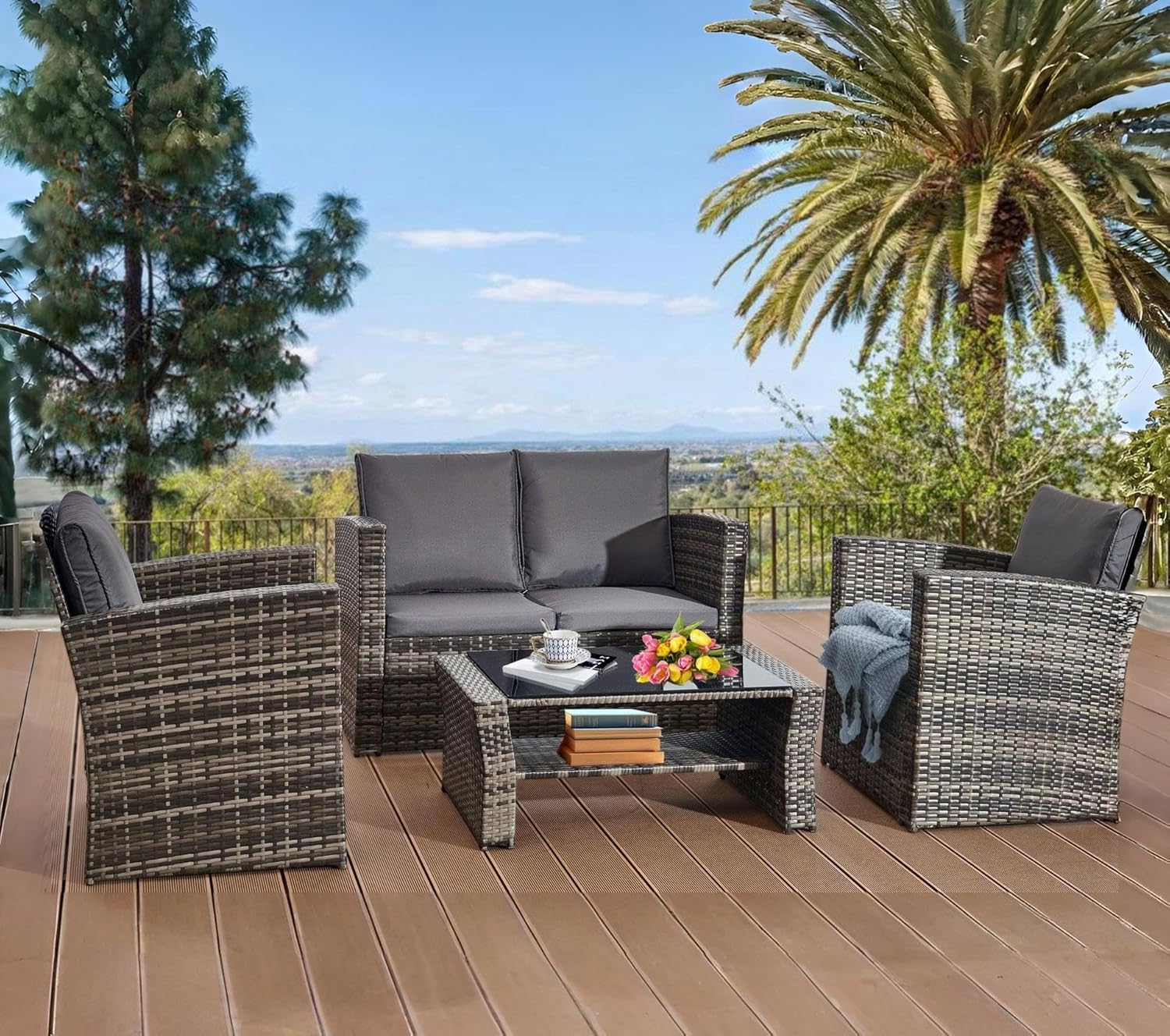 XEO HOME 4PCs Rattan Garden Furniture Sofa Set 4 Piece Patio Weaving Wicker includes: 1 Double seat Sofa, 2 Armchairs, Seating and Back Rest Cushions and Tope Glass Table Outdoor Indoor Conservatory-Spaceano