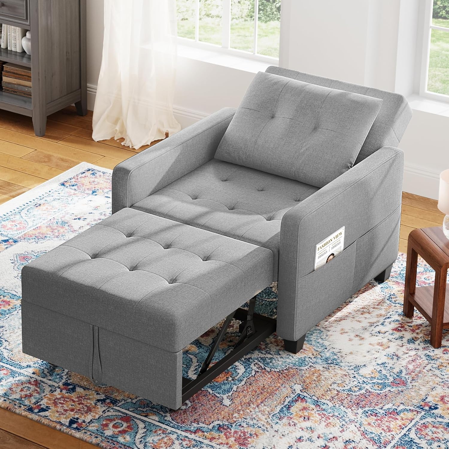 Vesgantti 3 in 1 Sofa Bed Light Grey, Convertible Sleeper Chair with Adjustable Backrest, Fabric Single Sofa Bed Chair with Side Pockets, Foldable Pull Out Bed for Living Room-Spaceano